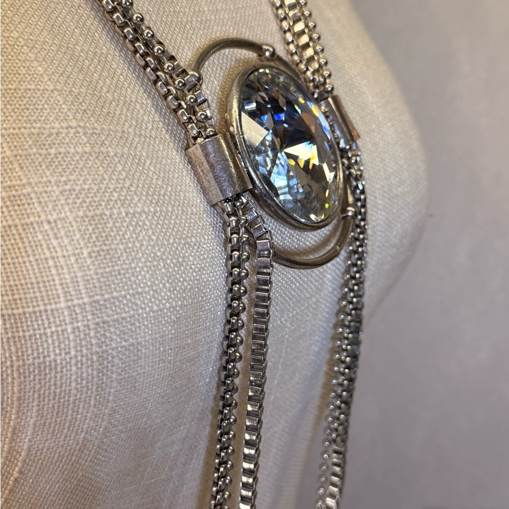 Large solitaire Faceted Crystal glass Pendant triple tassel statement necklace. - Picture 5 of 8